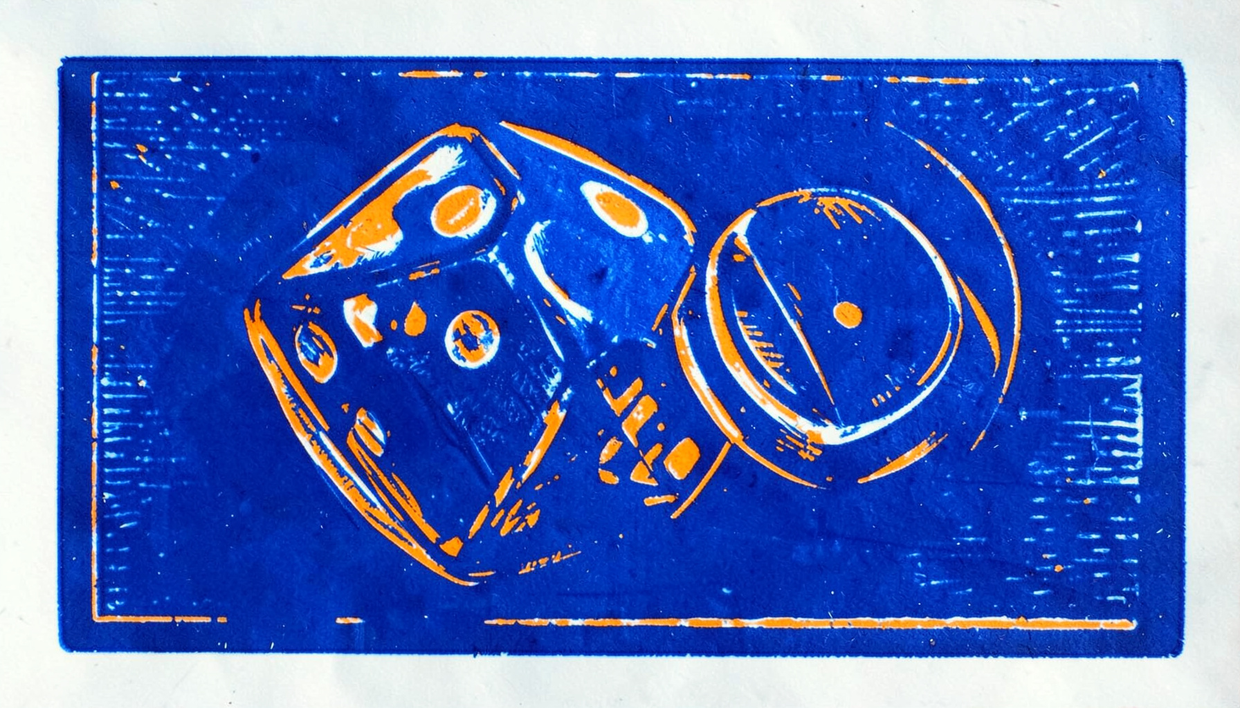 Carved linocut relief print of casino dice and a single chip in deep blue with orange highlights