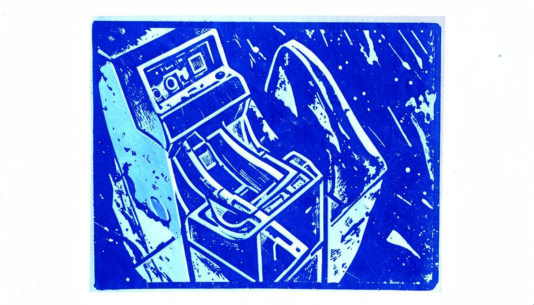 Carved linocut relief print of a slot machine lever in indigo and pale blue tones