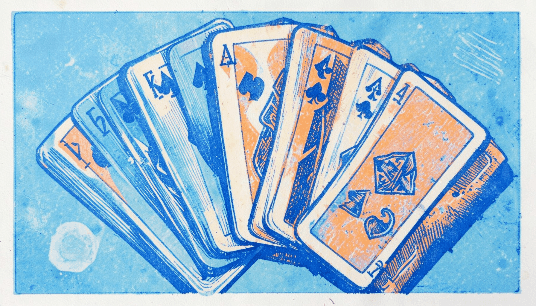 Carved linocut relief print of playing cards fanned out in soft blue and warm orange