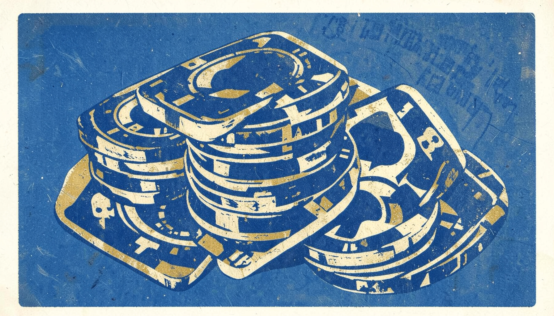 Carved linocut relief print of stacked casino chips and playing cards in muted indigo, gold, and cream, calm editorial atmosphere